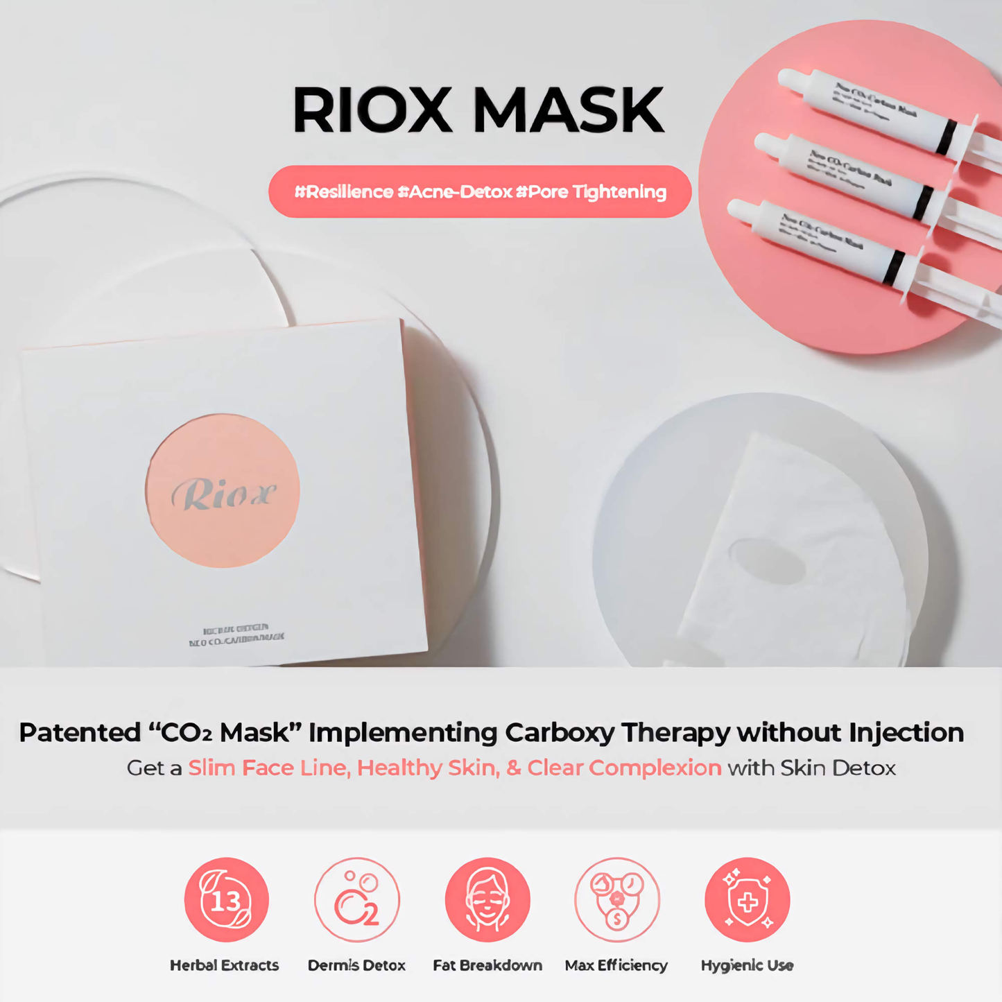 Riox carboxy therapy mask box and syringe applicators with CO2 infusion for skin detox and pore tightening.