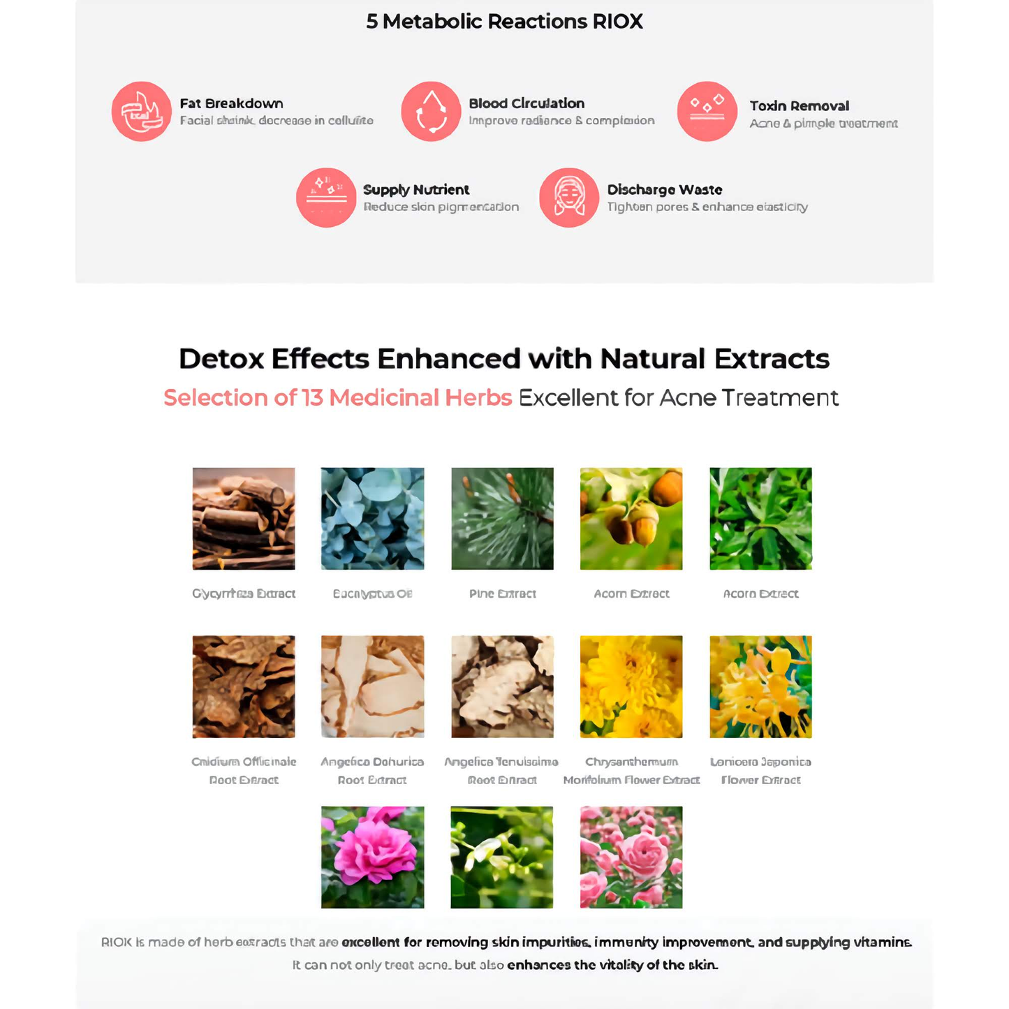 Riox carboxy therapy treatments with natural extracts for skin detox, acne care, and improved elasticity.