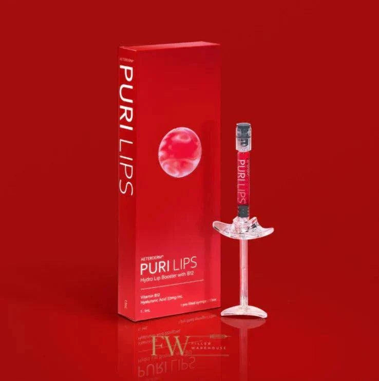 Puri Lips Lip Booster for hydrated, scarlet-tinted lips, includes dual-action hyaluronic acid and B12, shown in red packaging.