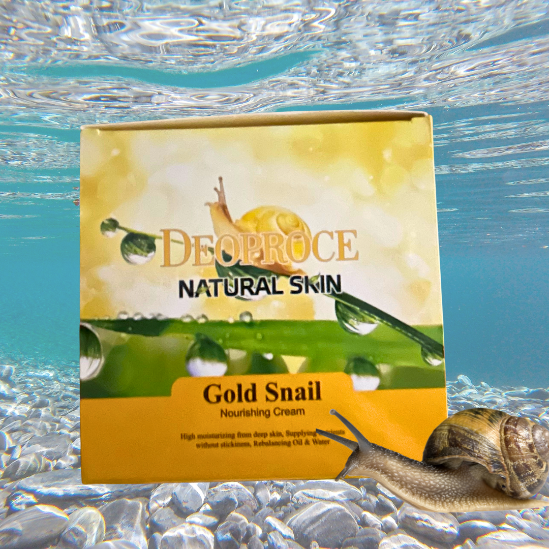Deoproce Gold Snail Muchin Moisturing Cream packaging on a watery background with a snail nearby.