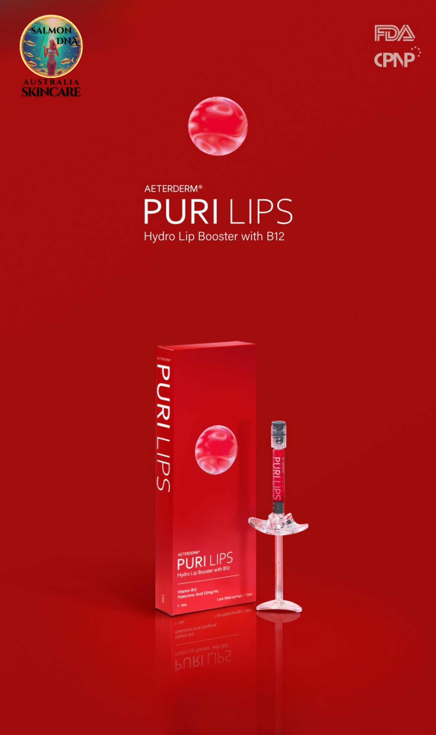 Puri Lips Lip Booster with B12 for hydrated scarlet-tinted lips.
