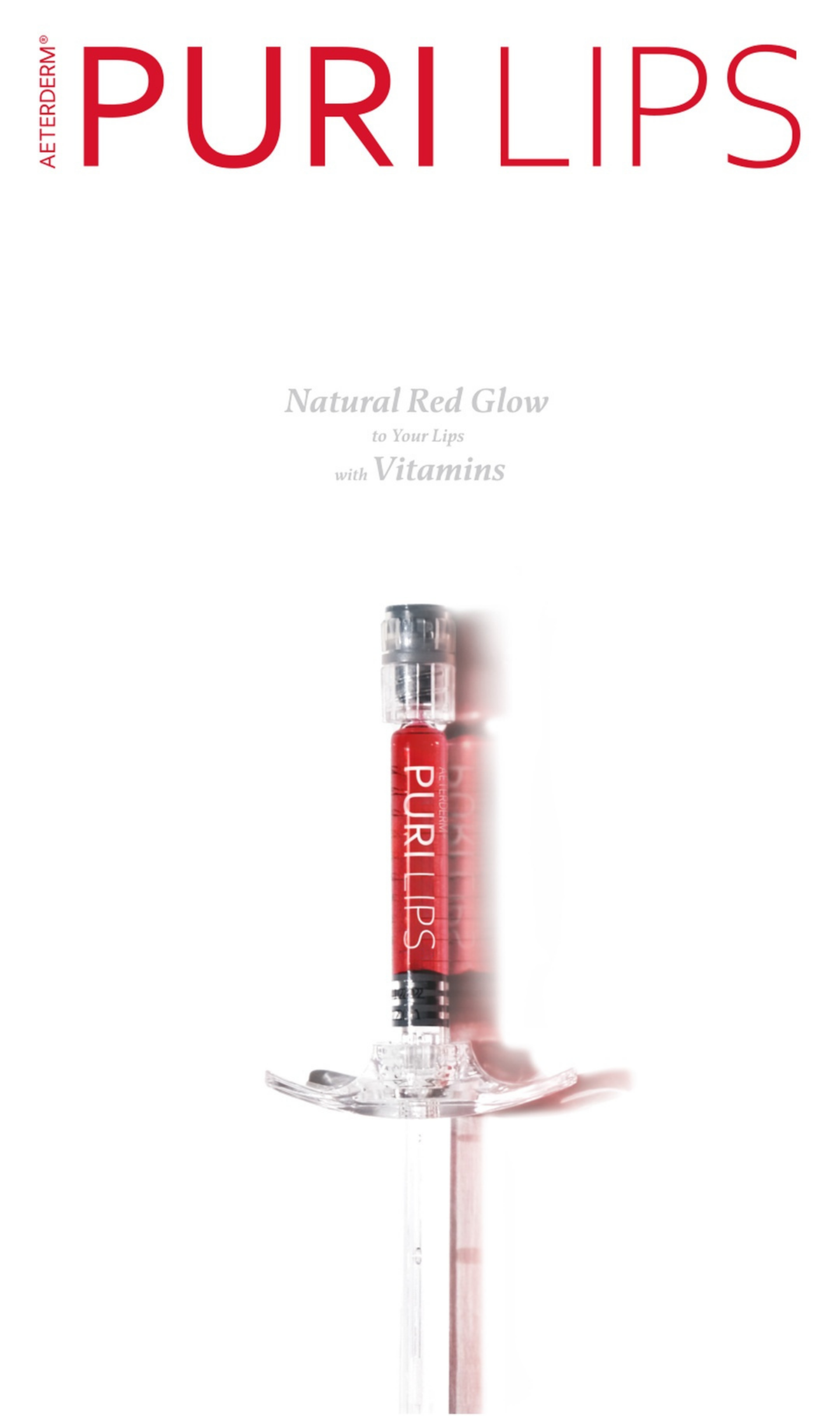 Puri Lips Lip Booster syringe with scarlet tint for hydration and lip enhancement.