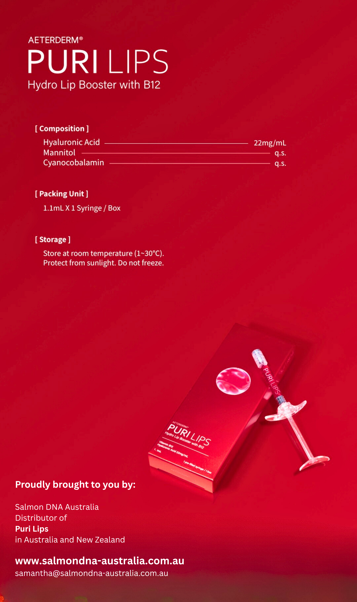Puri Lips Lip Booster packaging with syringe, featuring hyaluronic acid and B12.