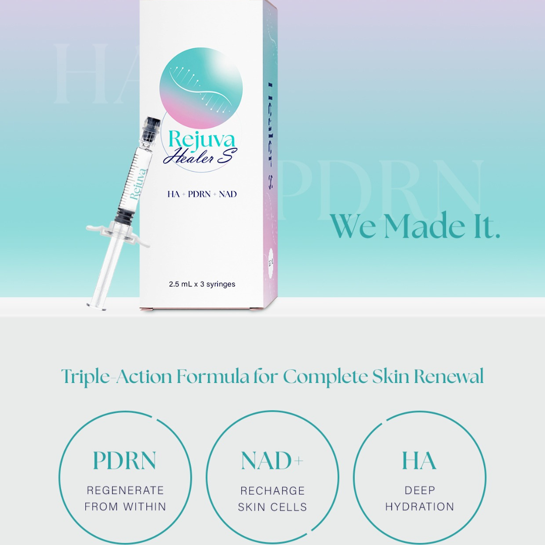 Rejuva Healer S skin booster with PDRN, NAD+, and HA for deep hydration, skin regeneration, and cellular rejuvenation in 2.5 mL syringes.
