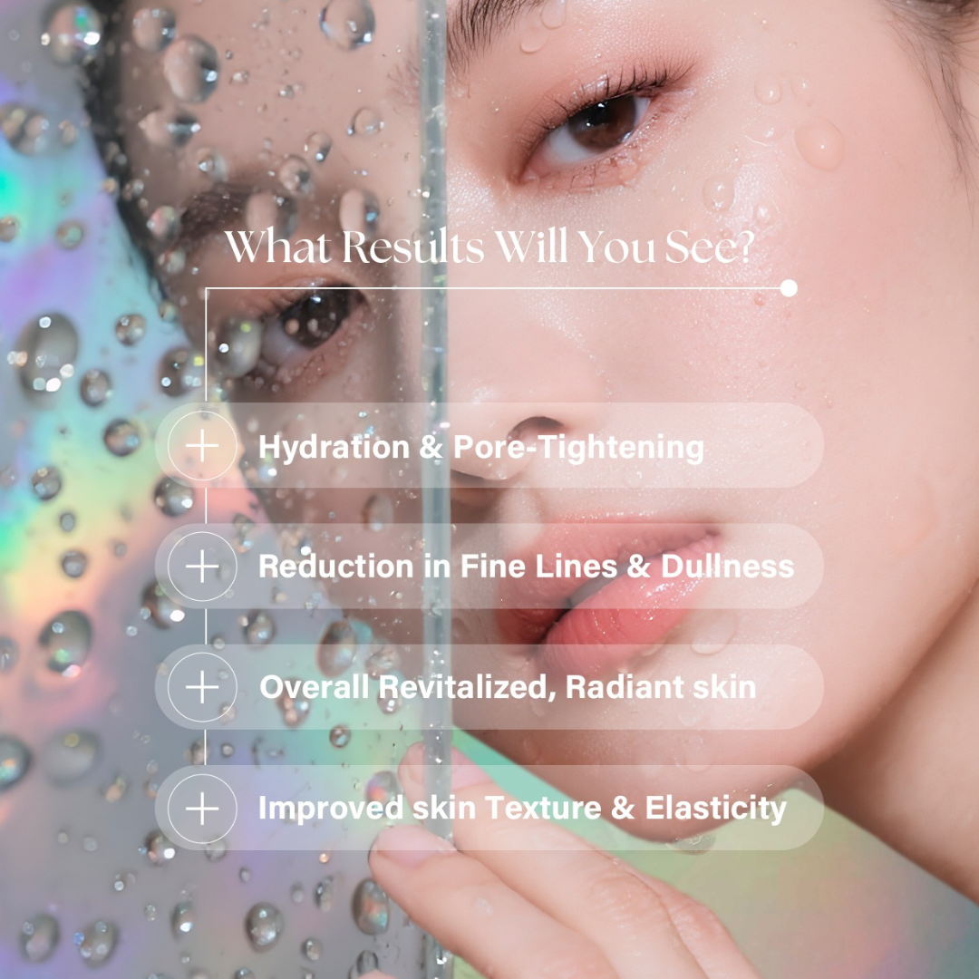 Close-up of a woman's hydrated, radiant skin with water droplets on glass, highlighting skin booster benefits like hydration, pore-tightening, fine line reduction, and improved texture and elasticity.
