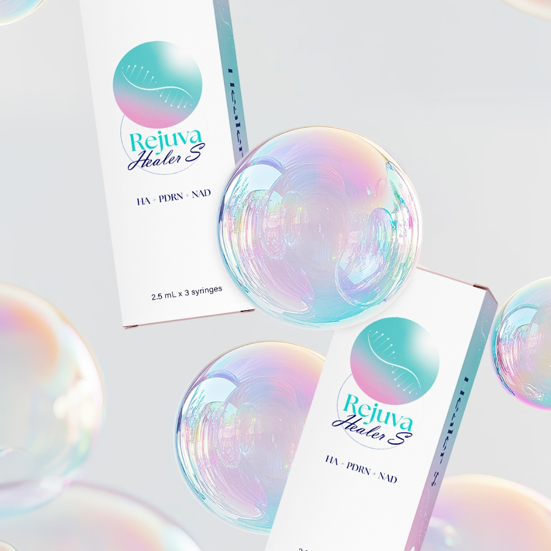 Rejuva Healer S skin booster packaging with iridescent bubbles and focus on hydration and skin regeneration formula