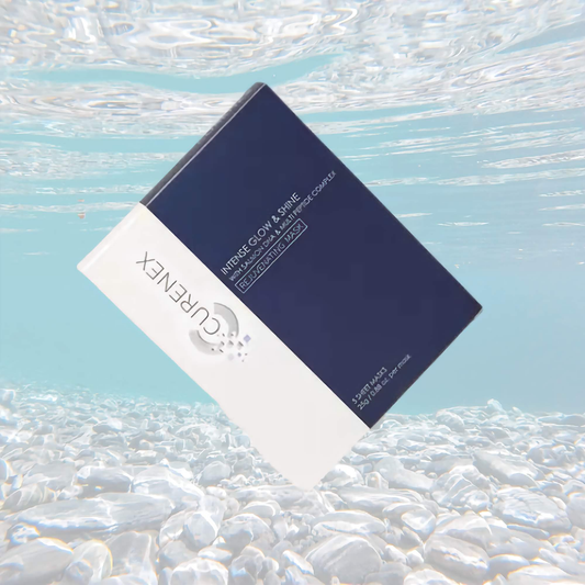 Curenex Salmon DNA Masks box submerged in water highlighting anti-aging properties.