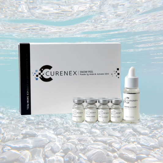 Curenex Snow Peel skincare kit with vials and activator bottle for rejuvenation and luminous skin.