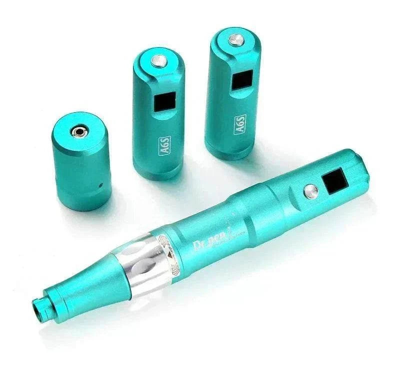 Dr Pen Ultima A6S Microneedling Pen with attachments, teal color, ergonomic design.