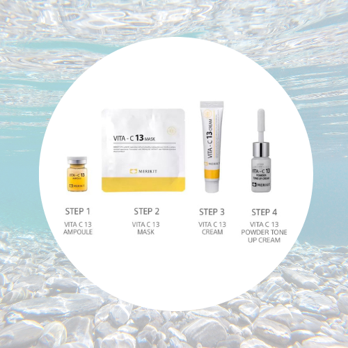 Vitamin C mask kit with ampoule, mask, cream, and powder tone-up cream for brightening and even skin tone.