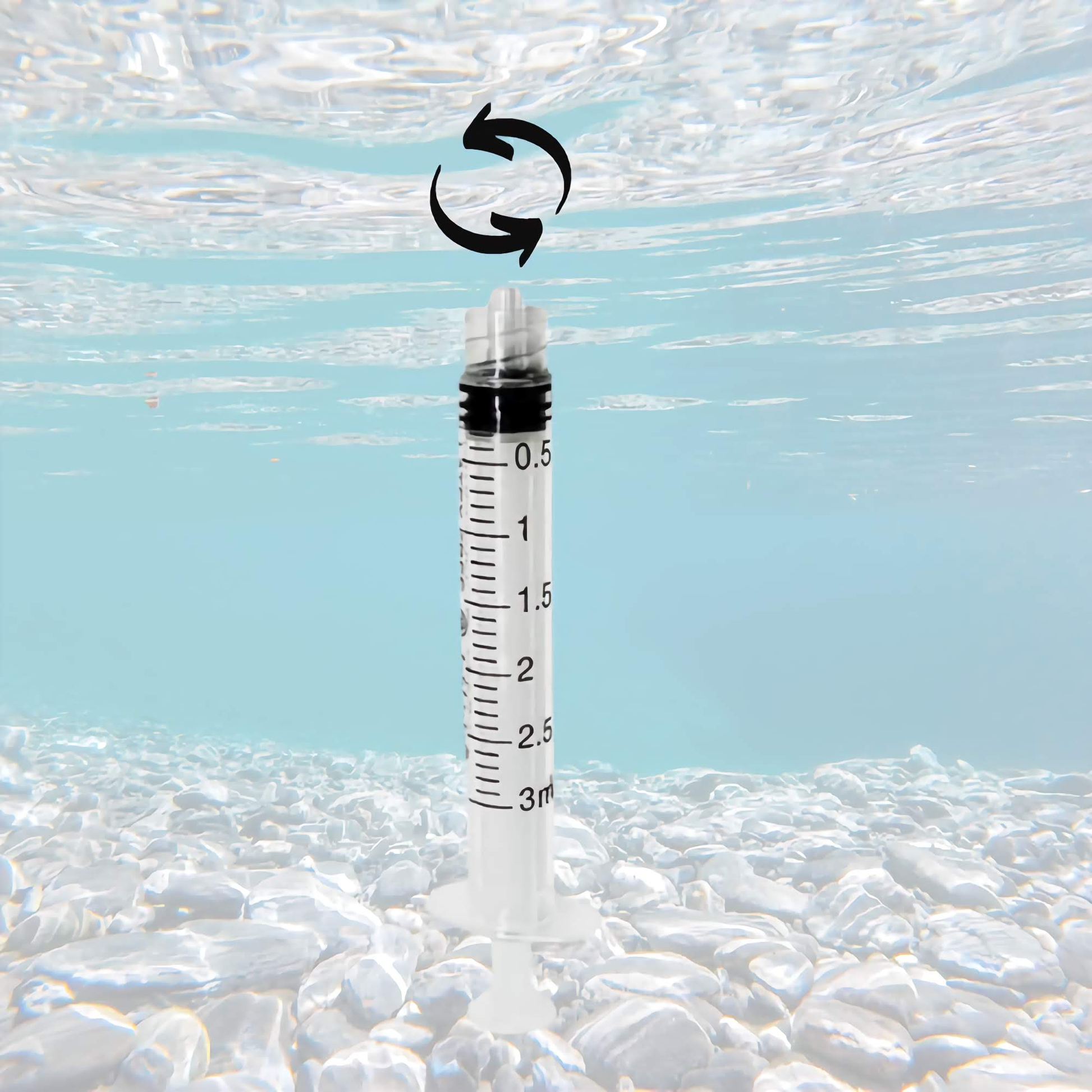 luer lock syringe floating underwater with mesotherapy tip diagram