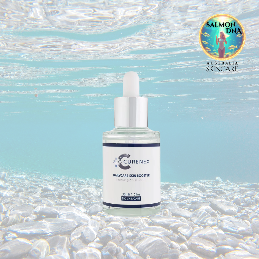 Salmon DNA Serum Daily Skinbooster by Curenex, featuring dropper bottle in water-themed background.