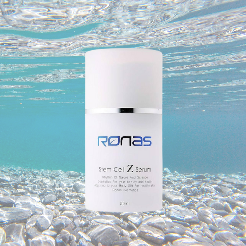 Ronas Stem Cell Z Serum bottle submerged in sparkling water, emphasizing hydration and rejuvenation benefits.