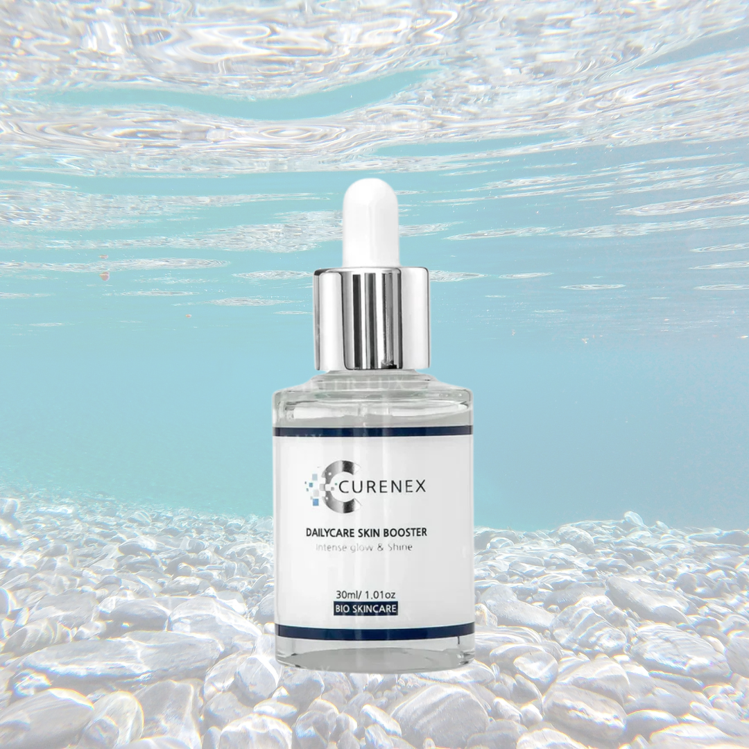 Salmon DNA Serum bottle with a dropper, Curenex brand, underwater background emphasizing hydration and rejuvenation benefits.