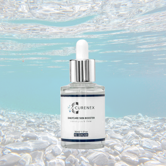 Salmon DNA Serum bottle with a dropper, Curenex brand, underwater background emphasizing hydration and rejuvenation benefits.