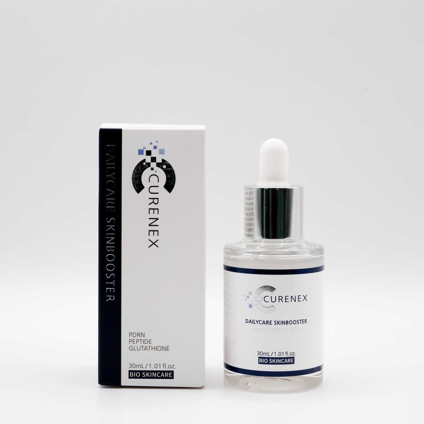 Curenex Salmon DNA DailyCare Skinbooster serum bottle and box packaging on white background
