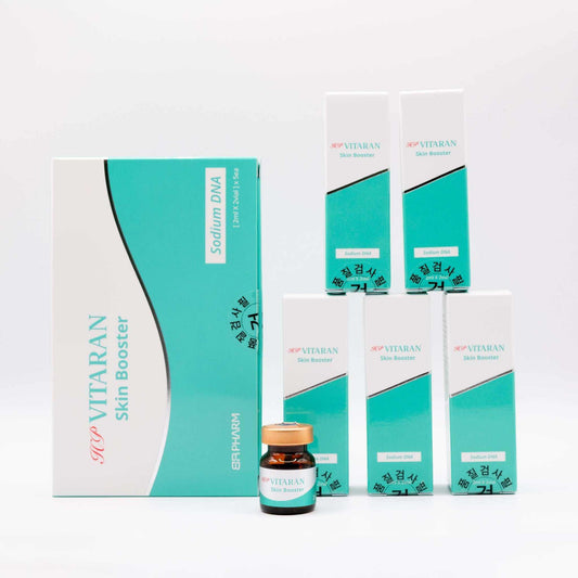 HP VITARAN Salmon DNA Skin Booster with HA skincare product packaging and vial for skin rejuvenation and anti-aging treatments.