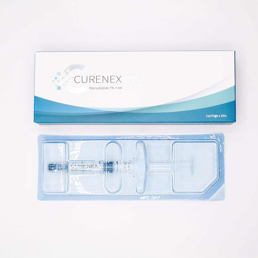 Curenex Eye PN syringe with salmon DNA and hyaluronic acid for eye skin rejuvenation in white and blue packaging