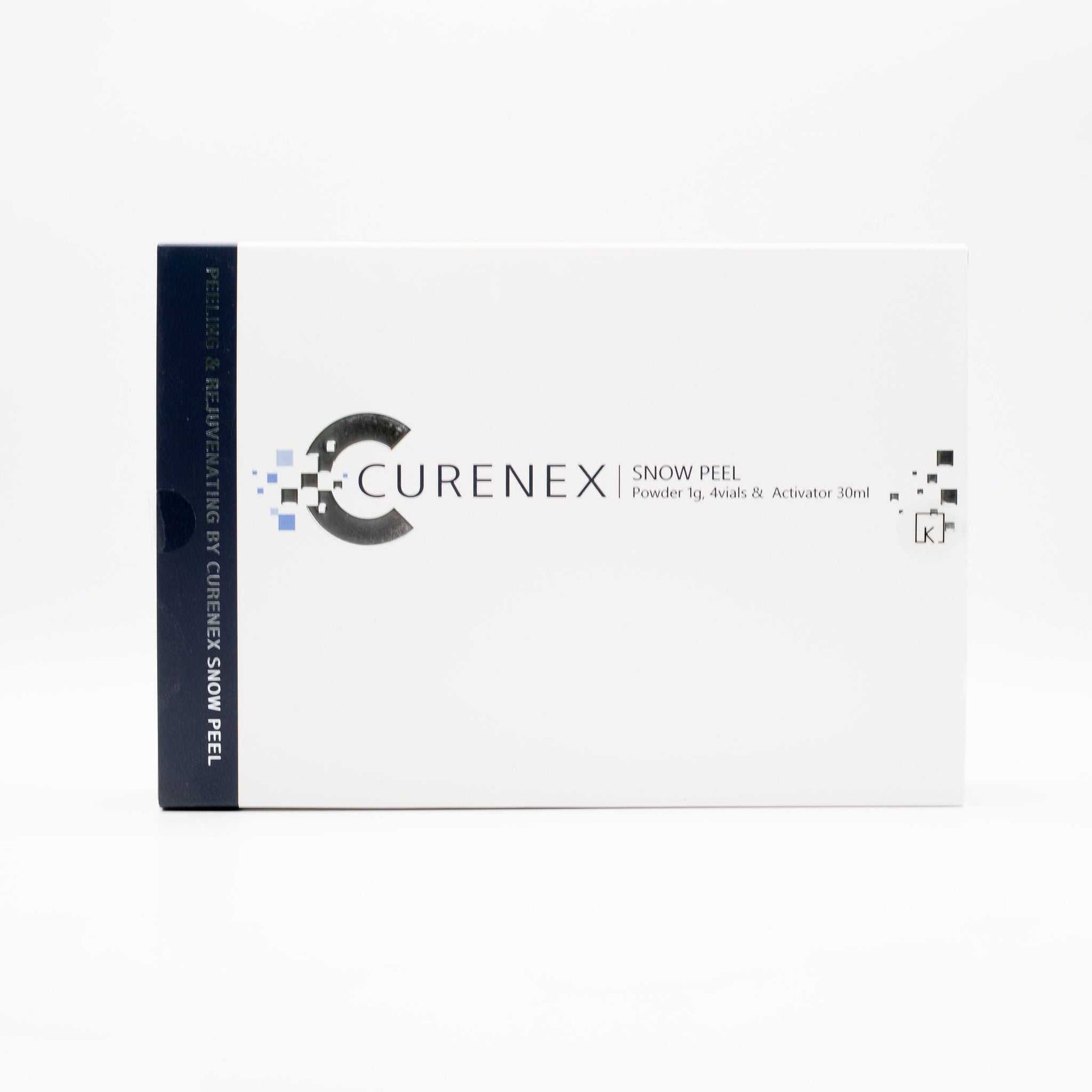 Curenex Snow Peel skincare treatment box with powder vials and activator for exfoliation and skin brightening
