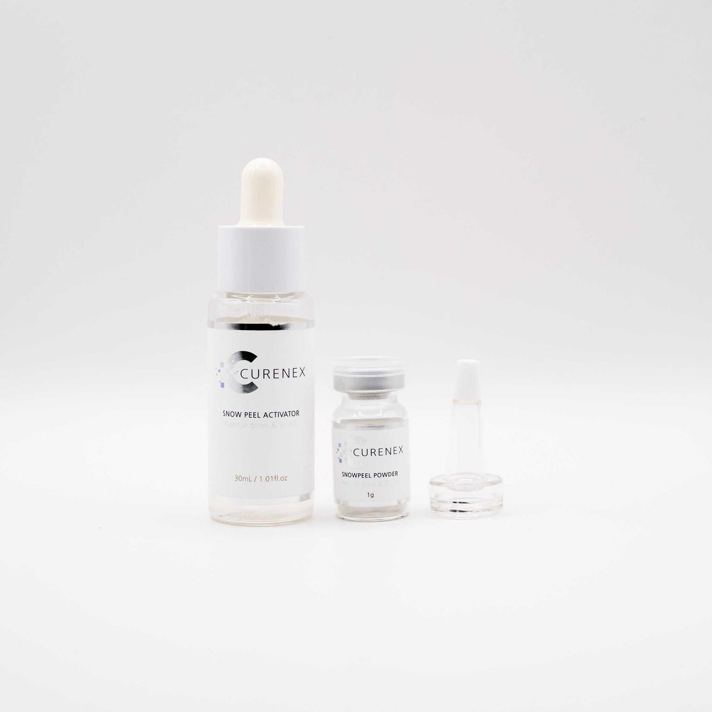 Curenex Snow Peel skincare set with activator and powder for exfoliation and brightening