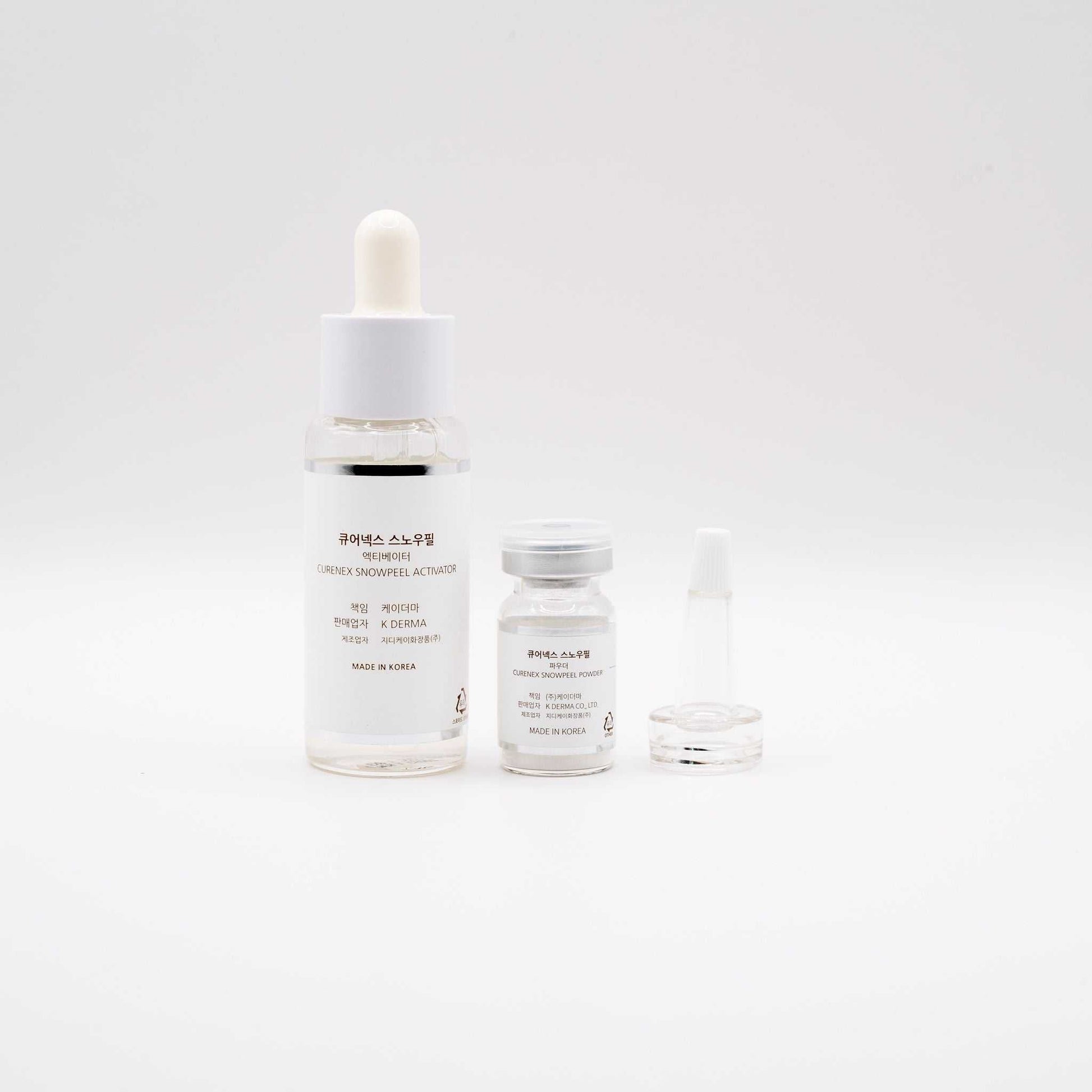 Curenex Snow Peel skincare set with activator and powder vials for exfoliation and skin rejuvenation