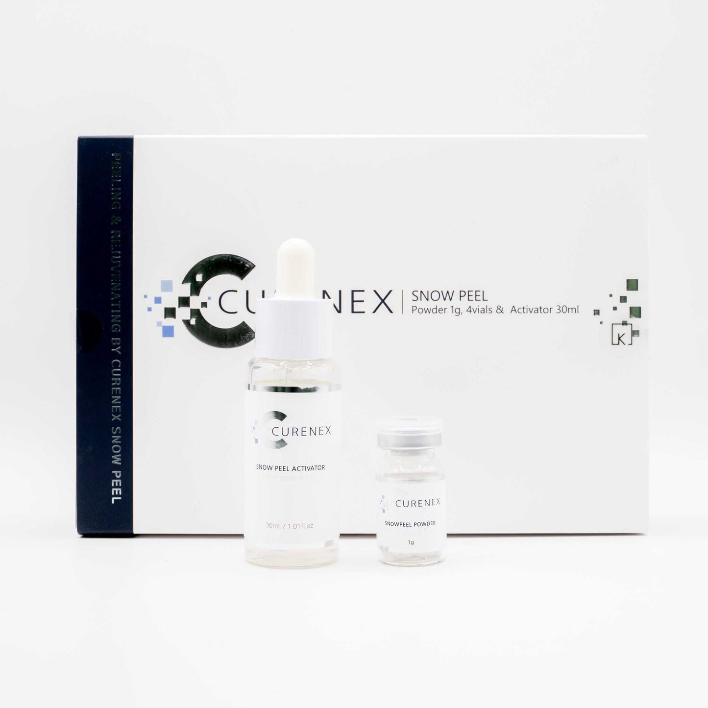 Curenex Snow Peel skincare set with powder and activator for exfoliation and skin brightening