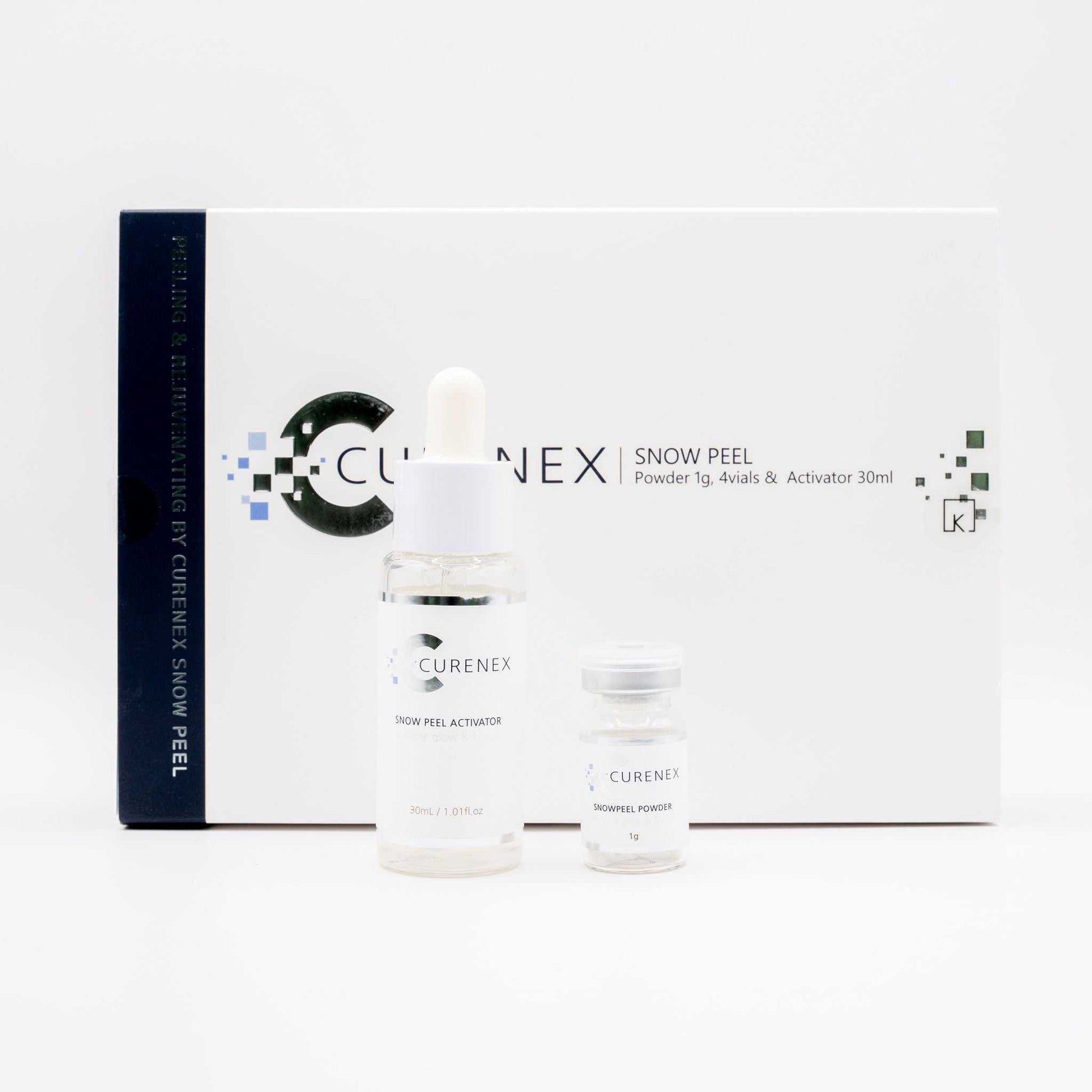 Curenex Snow Peel skincare set with powder and activator for exfoliation and skin brightening