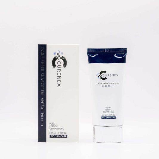 Curenex Salmon DNA Daily Sheer Sunscreen SPF 50+ with box and tube packaging bio skincare product