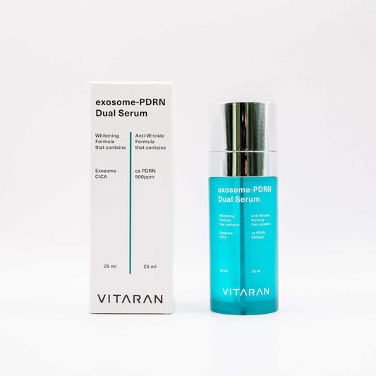 Vitaran exosome-PDRN Dual Serum bottle and packaging on a white background
