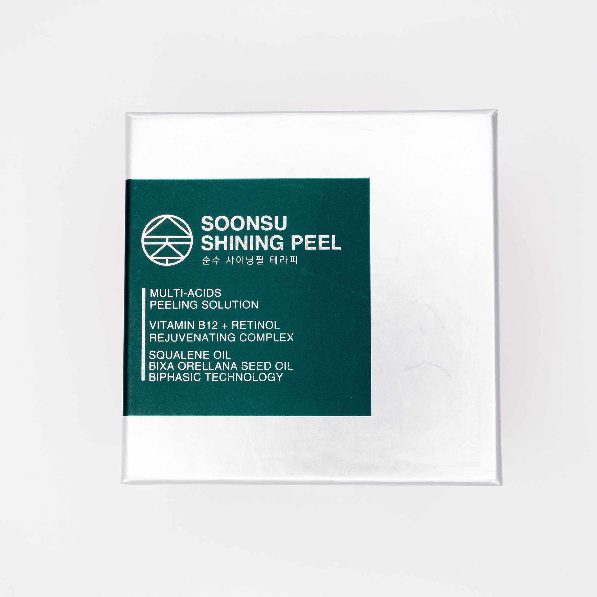 Soonsu Shining Peel box with multi-acids, Vitamin B12, retinol, squalene oil, and biphasic technology for skin rejuvenation