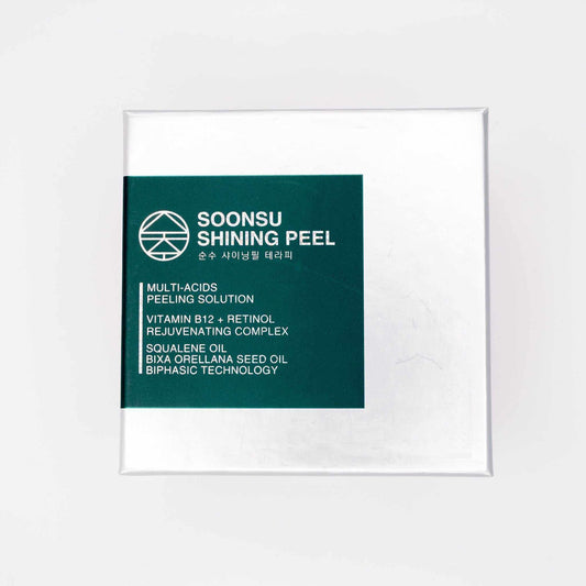 Soonsu Shining Peel box with multi-acids, Vitamin B12, retinol, squalene oil, and biphasic technology for skin rejuvenation