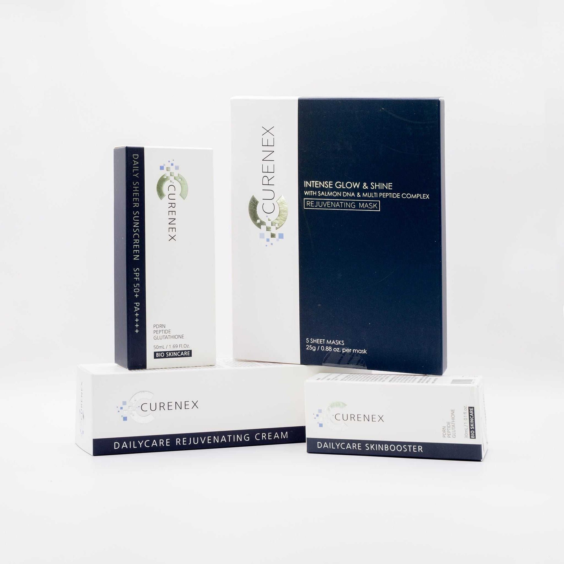 Curenex Salmon DNA skincare bundle with rejuvenating mask, moisturizer, serum, and daily sunscreen SPF 50+