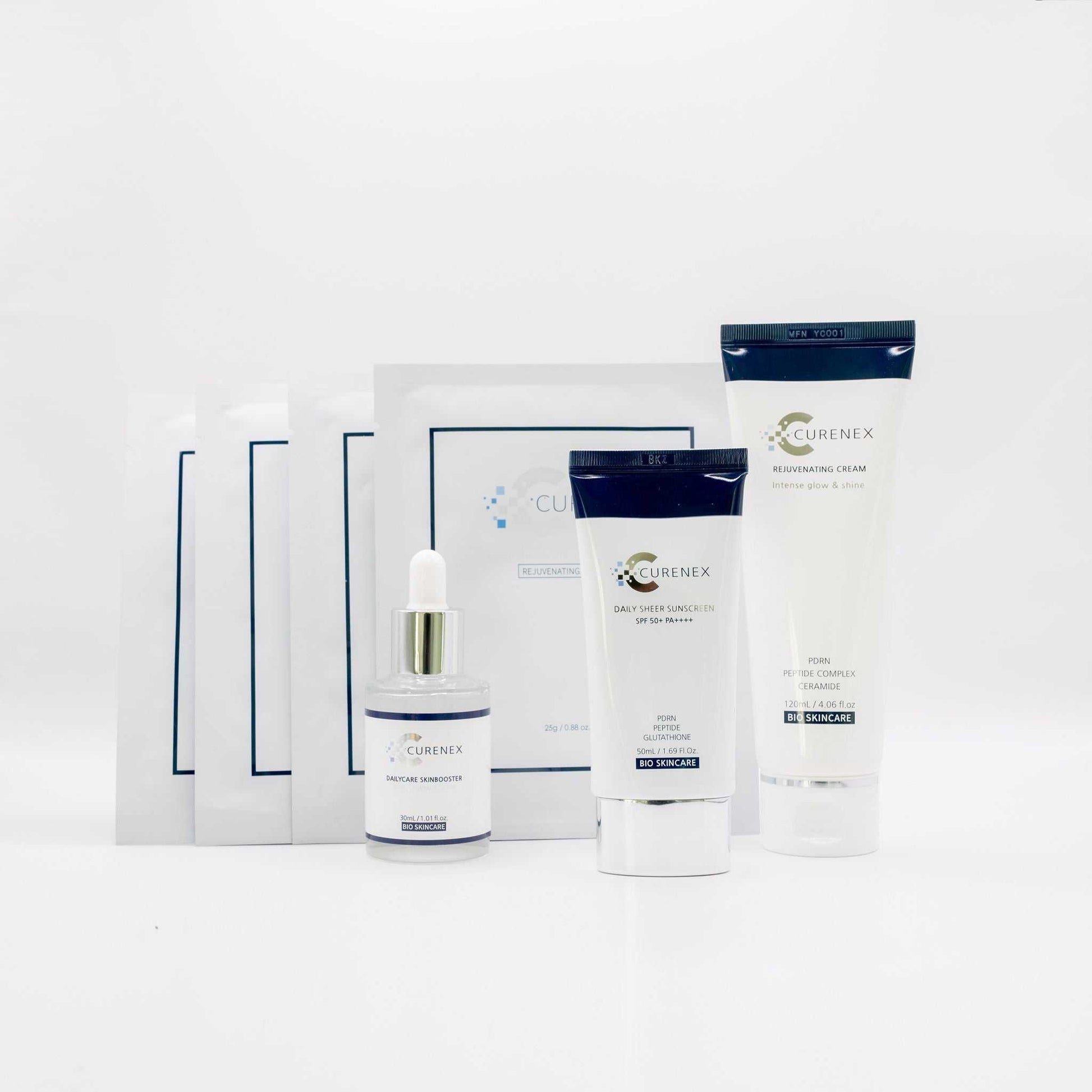 Curenex Salmon DNA daily skincare bundle with masks, serum, moisturizer, and sunscreen