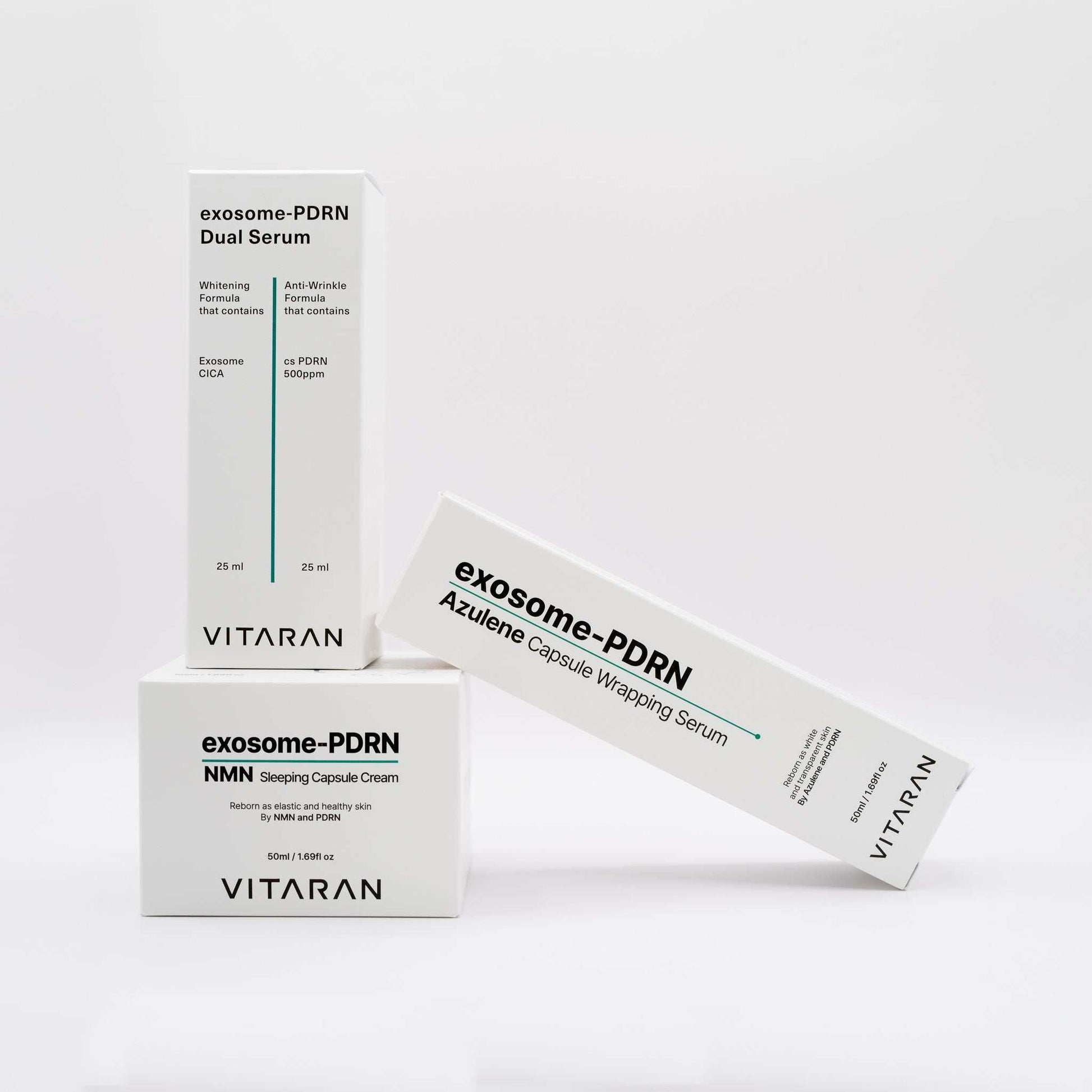 Vitaran three step skin healing bundle with exosome-PDRN dual serum, azulene capsule wrapping serum, and NMN sleeping capsule cream.