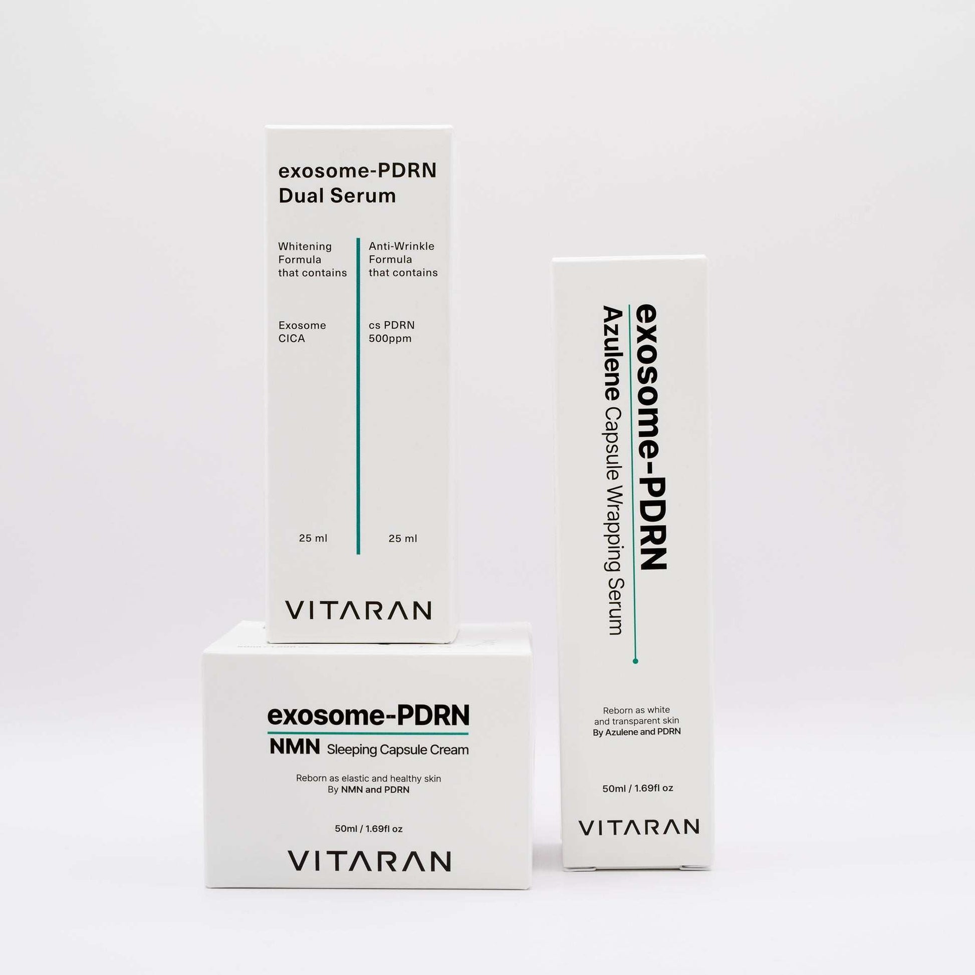 Vitaran three step daily salmon DNA PDRN exosomes skin healing bundle with dual serum, azulene serum, and capsule cream.