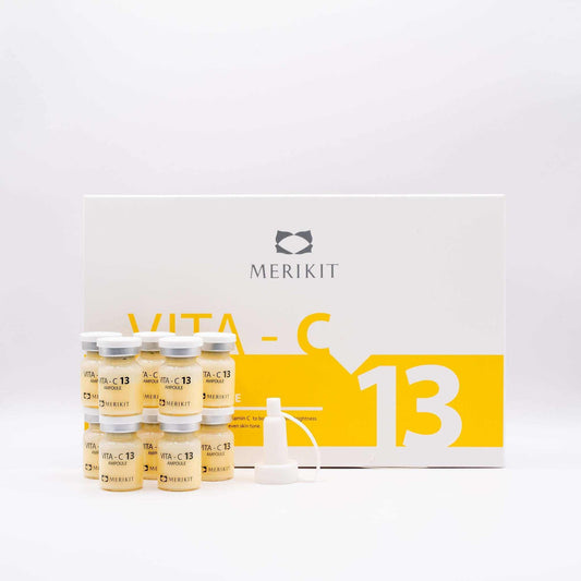 MERIKIT Vita-C 13 Ampoules pack with 10 ampoules and applicator for brightening and anti-aging skin care.