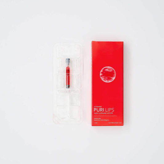 Puri Lips Hydro Lip Booster syringe and red packaging for semi-permanent scarlet lip tint and hydration