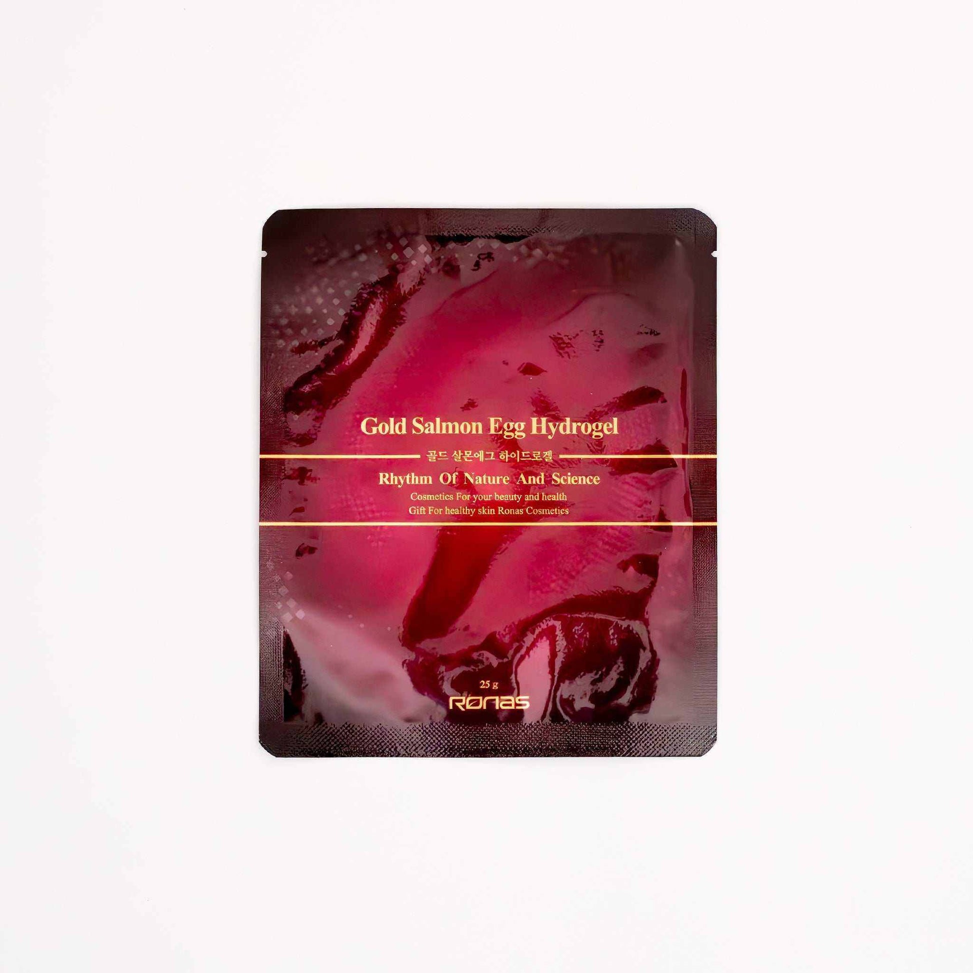 RONAS Gold Salmon Egg Hydrogel Mask packet for deep hydration, firming, and brightening skin.