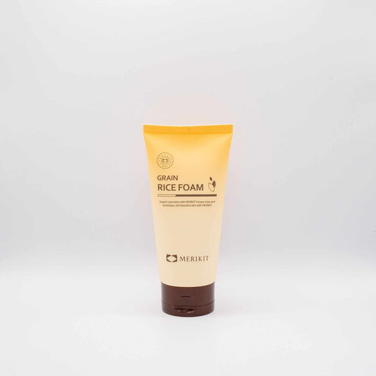 Merikit Grain Rice Foam cleanser tube with yellow and brown packaging on white background