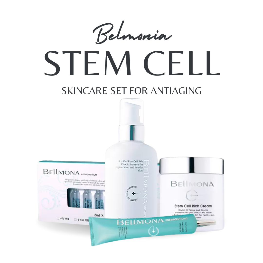 Bellmona Stem Cell luxury antiaging skincare set with cream, serum, eye cream, and ampoules for firm, radiant skin.