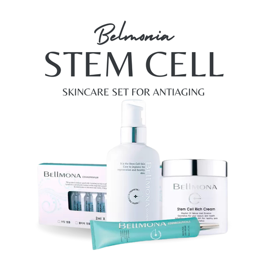 Bellmona Stem Cell luxury antiaging skincare set with cream, serum, eye cream, and ampoules for firm, radiant skin.