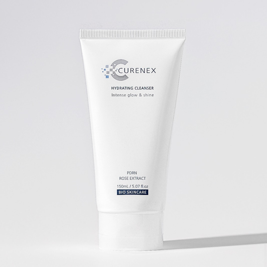Curenex Hydrating Cleanser 150ml tube with PDRN and rose extract for intense glow and hydration in Korean skincare.