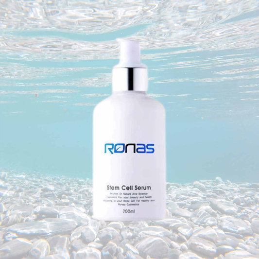Ronas Stem Cell Serum bottle submerged in clear water, 200ml.